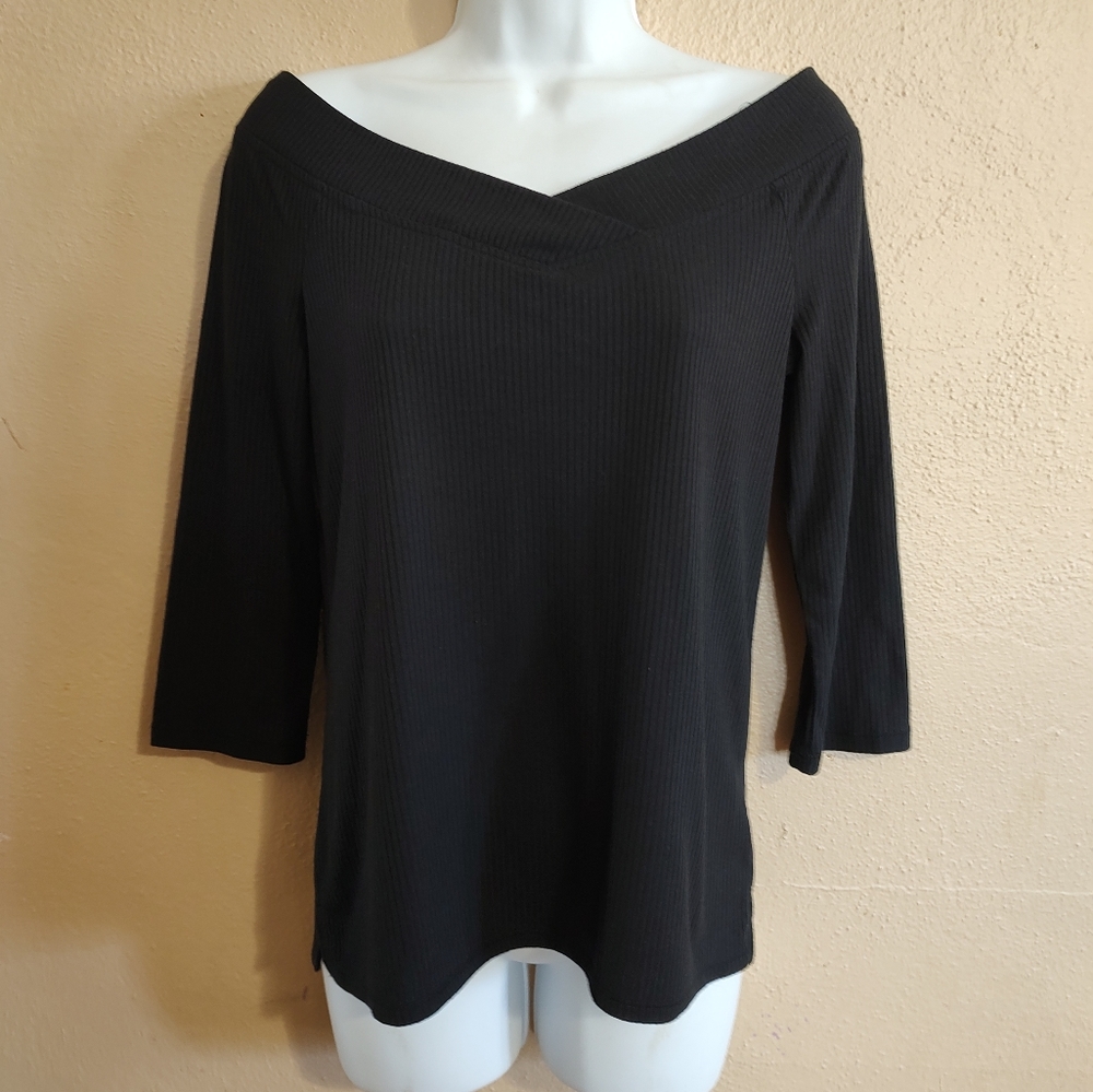 Ribbed Black Off Shoulder Blouse 3/4 Sleeves 0+0 Stitch Fix Size Small Medium